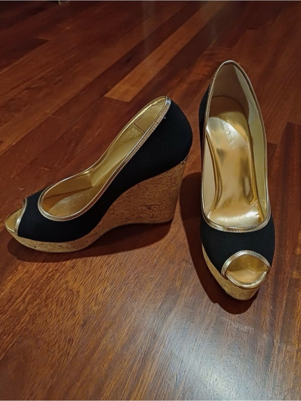 Jimmy Choo Papina Cork Wedge Peep Toe Heels Navy Suede Size 37.5 w/ Box